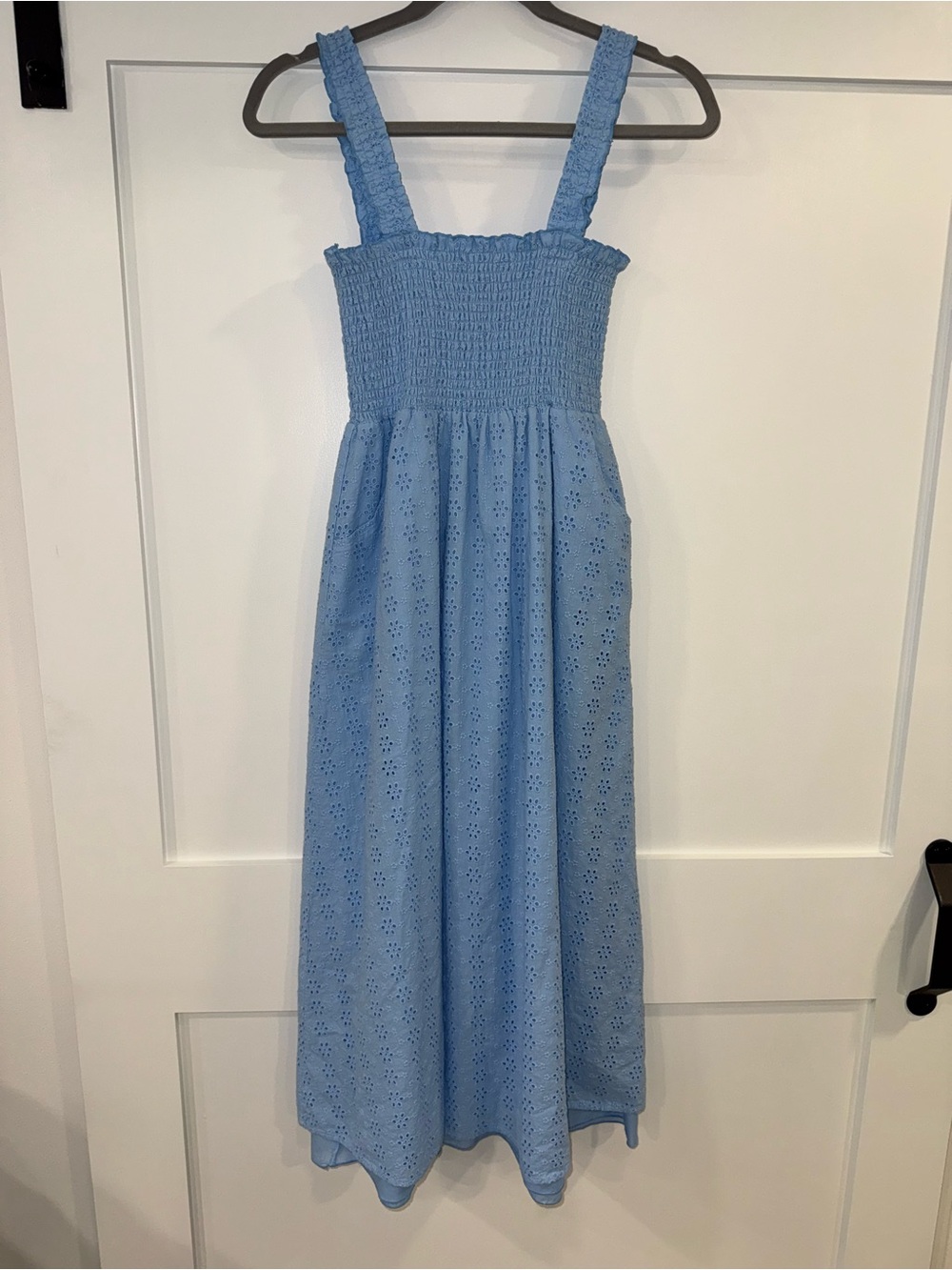 Aqua Light Blue Smocked Eyelet Midi Dress with pockets